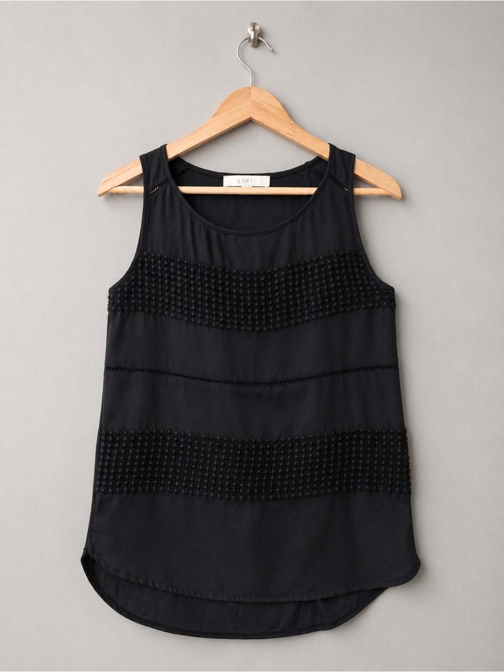 LOFT XS Black Sleeveless Blouse Textured Panel Sheer Hi Low Hem Tank Top